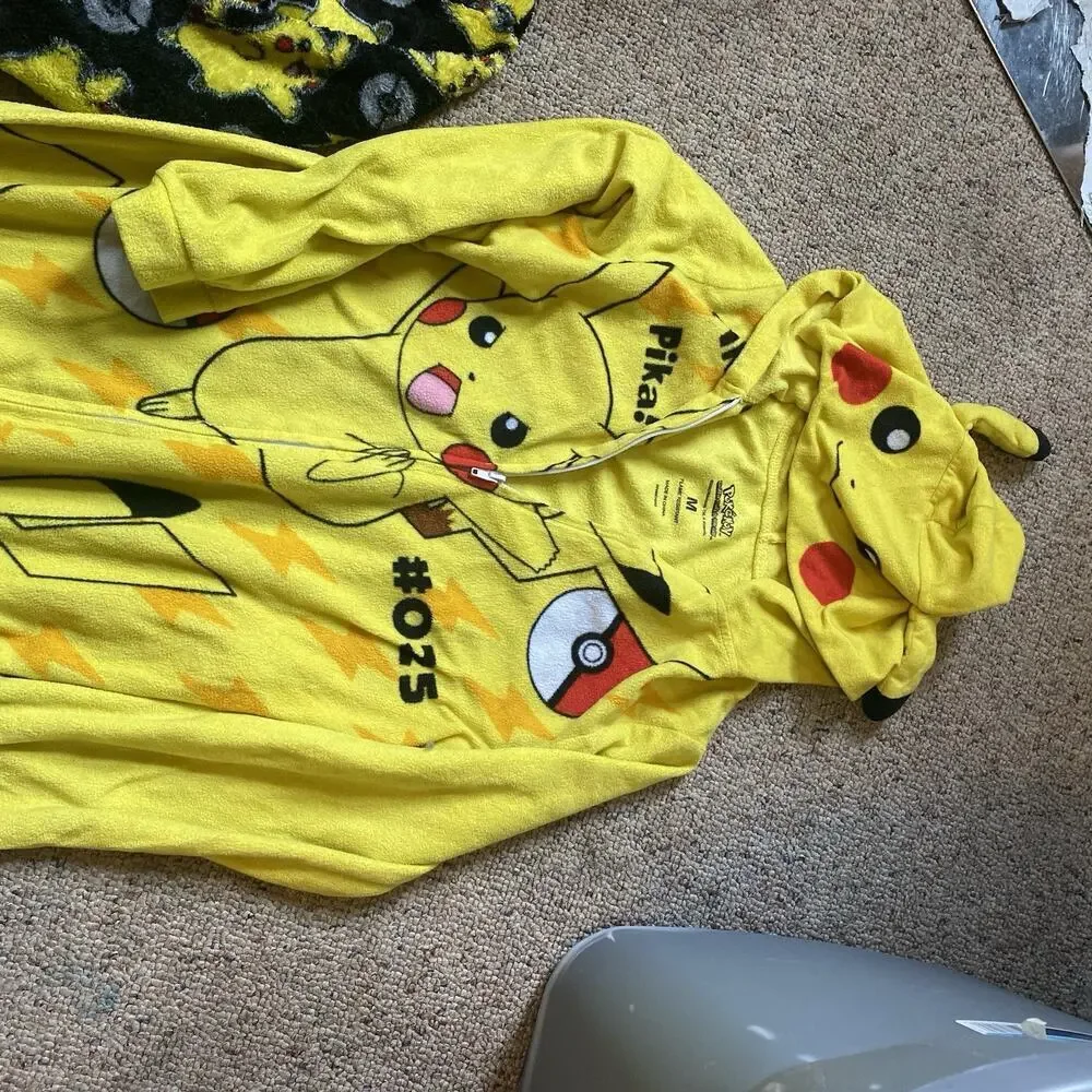 Pokemon Pikachu Fleece One Piece Hoodie Pajamas Robe Unisex Kids S/M Union Suit